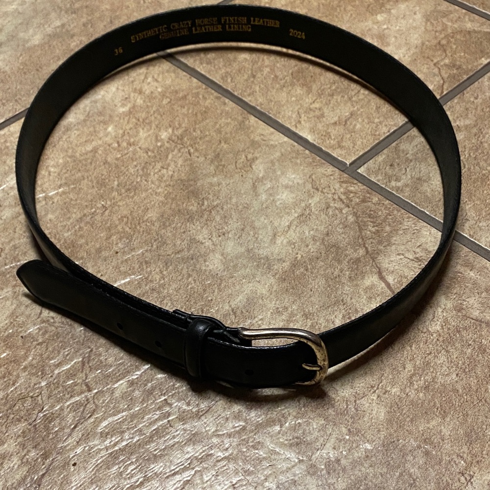Men's Black Leather Belt with Silver-Tone Buckle Size 36